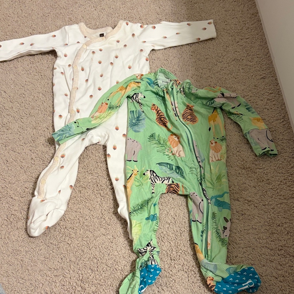 Posh Peanut Green Animal Print and tea White Polka Dot Kids One Pieces